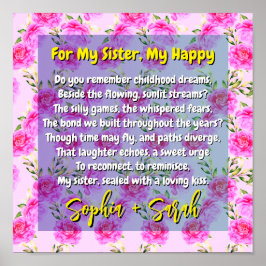 Poster Poema presente para minha irmã e flores cor-de-ros