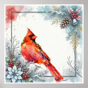 Poster Poinsétia do Pássaro Cardinal Vermelho Folhas Verd