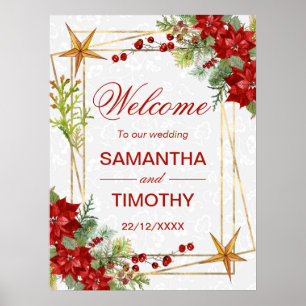 Poster Poinsettia Aquarela Casamento de Inverno Bem-Vindo