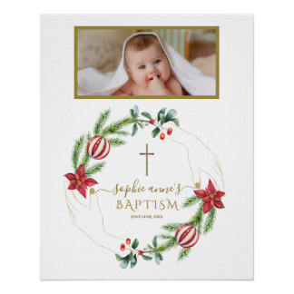 Póster Poinsettia Pine Berry Foto Baptism Sinal de Boas-v