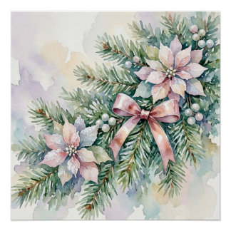 Póster Poinsettia Rosa Pastel Pinheiro Aguarela Natal