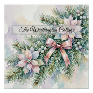 Póster Poinsettia Rosa Pastel Pinheiro Aguarela Natal