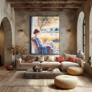 Poster Pointilismo Mulher por Janela com Vista Sunlit