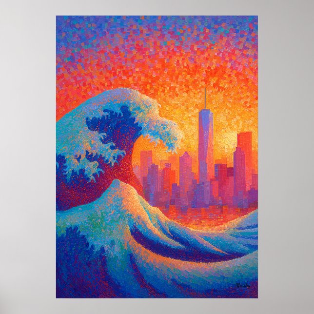 Poster Pointillism Onda do Oceano Silhueta de Nova York (Frente)