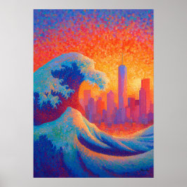 Poster Pointillismo Onda do Oceano Silhueta de Nova York