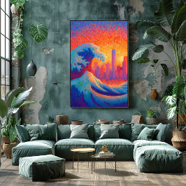 Poster Pointillismo Onda do Oceano Silhueta de Nova York