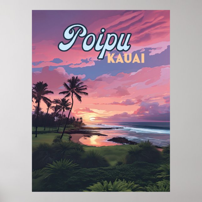 Poster Poipu Kauai Hawaii Beach Palm Trees Retro (Frente)