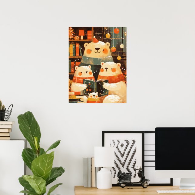 Poster Polar Bear Family Reading Together on Christmas (Escritório em casa)