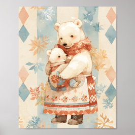 Poster Polar Bear Mother and Cub Winter Attire Nursery