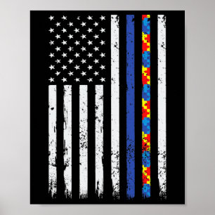 Poster Polícia de Linha Azul Thin apoia Autism 4 de julho