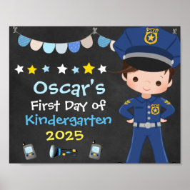 Poster Policial Menino Primeiro Dia de Aula Quadro de Giz