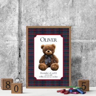 Poster Polo Teddy Bear Tartan Plaid Baby Name Birth Stats