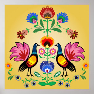 Póster Polonês com Floral e Cockerels Decorativos