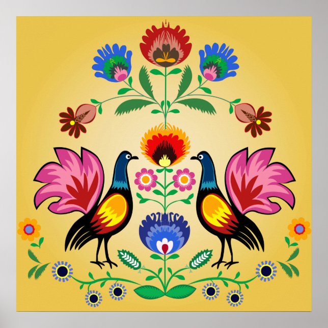 Póster Polonês com Floral e Cockerels Decorativos (Frente)