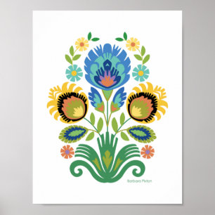 Poster Polonês Floral Azure Blue Papercut Design