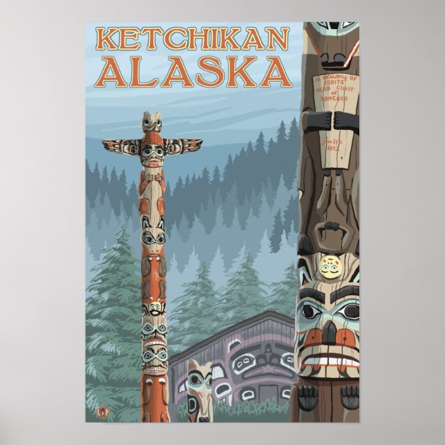 Póster Polos de Totem do Alasca - Ketchikan, Alasca (Frente)