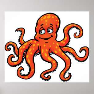 Poster Polvo Laranja Cartoon Oceano Criatura Marinha