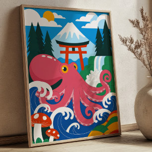 Poster Polvo Rosa com Monte Fuji e Portão Torii Japonês
