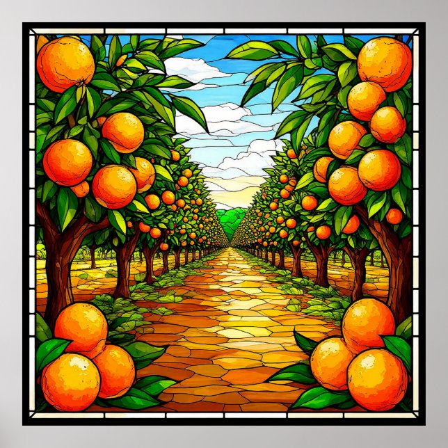 Poster Pomar-de-laranja vibrante sob um céu azul brilhant (Frente)