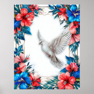 Poster Pomba Branca em Moldura Azul Ornamentada