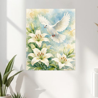 Poster Pomba Cristã e Lírios Aquarela