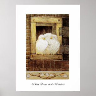 Póster POMBAS BRANCAS NA JANELA, amarelo marrom antigo