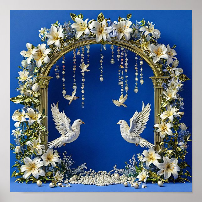 Poster Pombas de Casamento Céu Romântico Pássaros 💍🕊️☁️ (Frente)