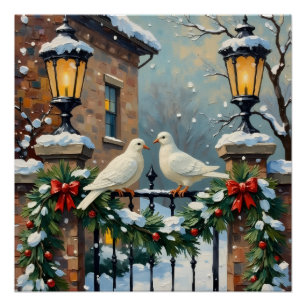 Póster Pombas de Inverno Antigas no Portão Iluminado por