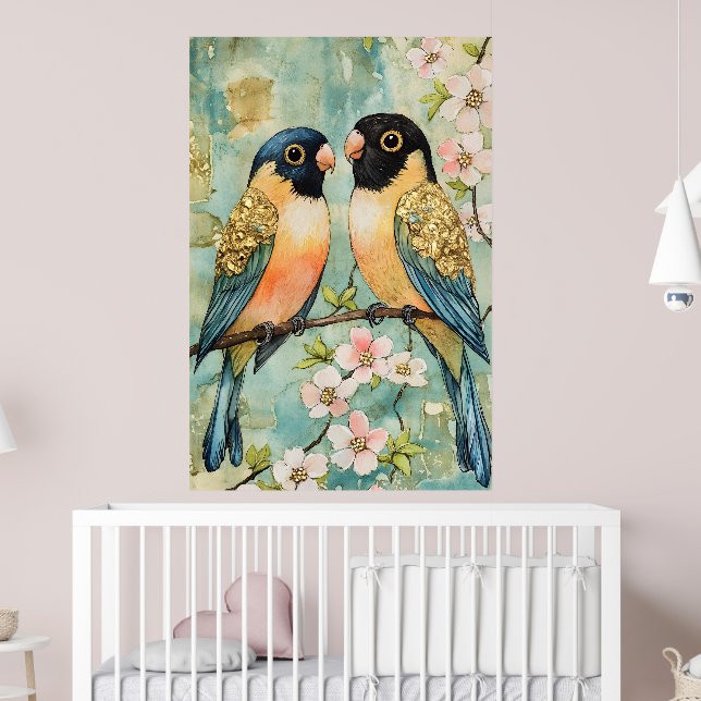 Poster pombinhos a pousar num ramo florido. (Berçário 2)