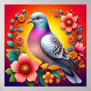 Poster Pombo Colorido Rodeado por Flores Vibrantes