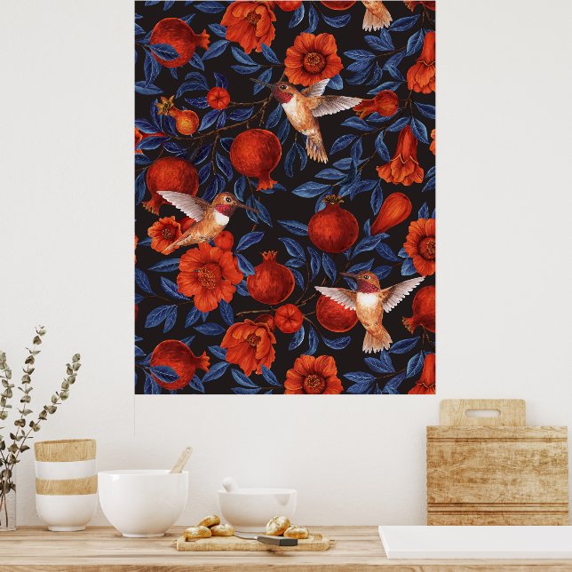 Poster Pomegranatos e beija-flores/folhas verdes em preto (Cozinha)