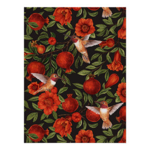 Póster Pomegranatos e beija-flores/folhas verdes em preto