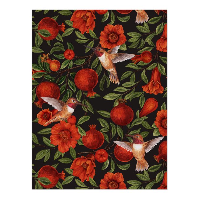 Póster Pomegranatos e beija-flores/folhas verdes em preto (Frente)