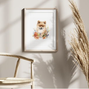 Poster Pomerânia Puppy Pet Watercolor Flor