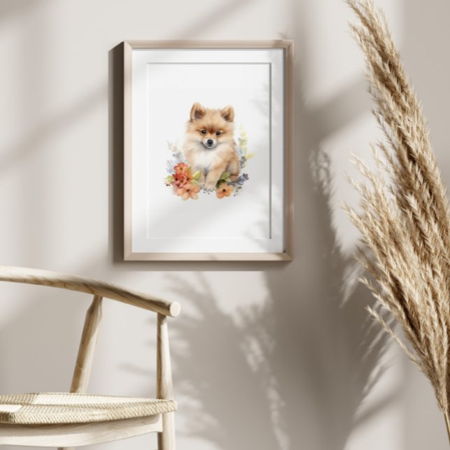 Poster Pomerânia Puppy Pet Watercolor Flor (Criador carregado)