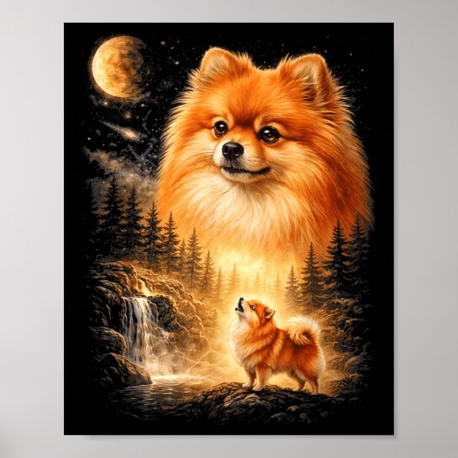 Poster Pomerânia Uivando para a Lua Vintage Místico (Frente)