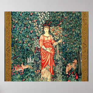POSTER POMONA HOLDING FRUITS IN GREENERY, FOREST ANIMALS