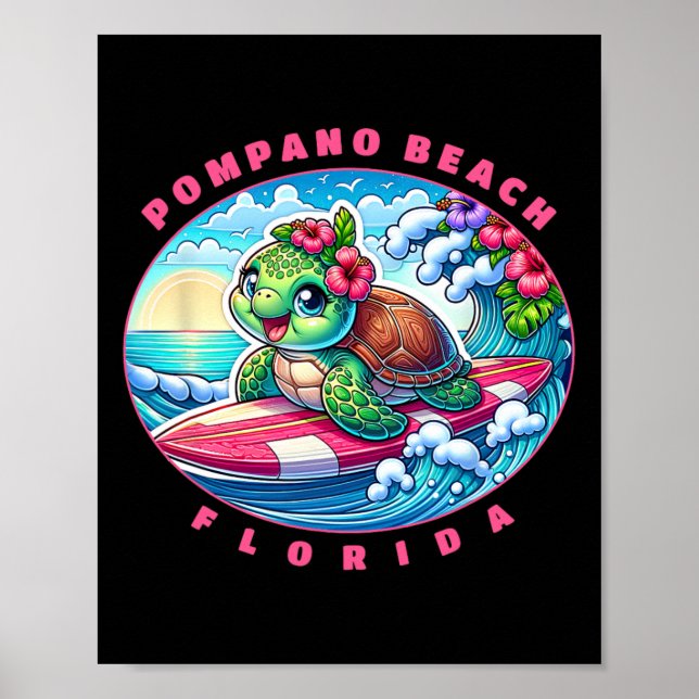 Poster Pompano Beach Flórida Garota Fofo Surfe Tartaruga  (Frente)