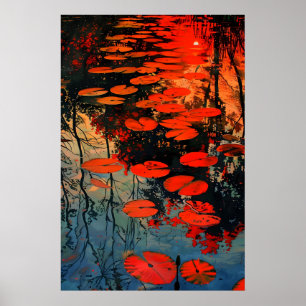 Poster Pond de Lírios de Água Vermelhos Arte Impressa Abs