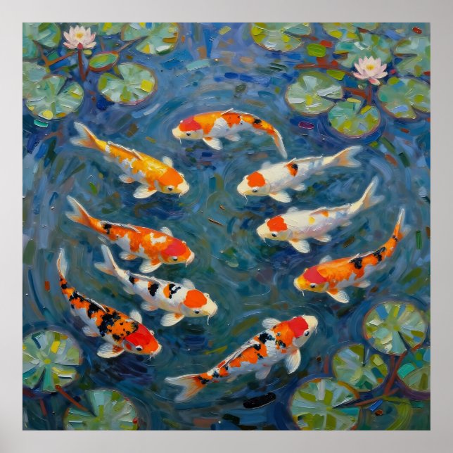 Poster Pond Lilies de Peixes Koi Impressionista (Frente)