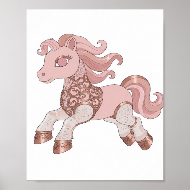 Poster Pônei Prateado da Moda em ROSA e OURO ROSA (Frente)