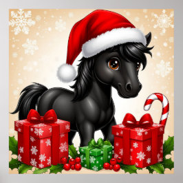 Poster Pônei Preto Fofo com Chapéu de Papai Noel