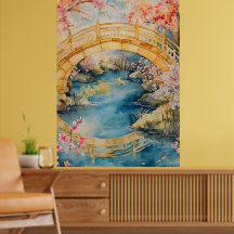 Ponte arqueada ao estilo japonês sobre um rio tran