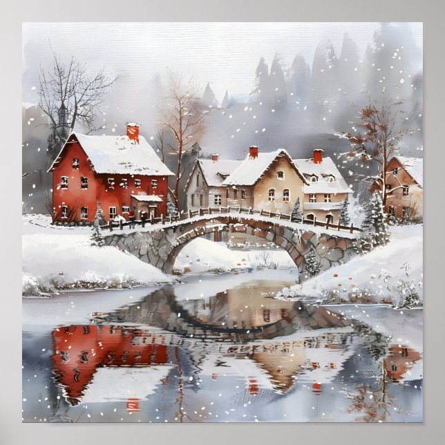 Poster Ponte da Aldeia de Inverno Aconchegante Natal em A (Frente)