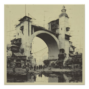 Póster Ponte de Arco Sepia Antiga Mercado do Rio
