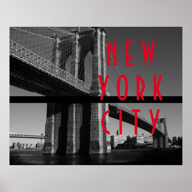 Póster Ponte de Brooklyn Preto Branco Vermelho Nova York (Frente)