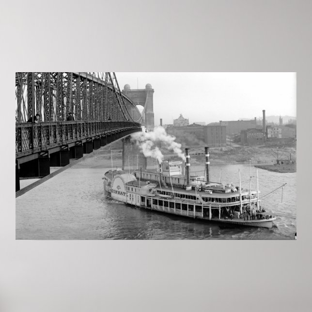 Póster Ponte de suspensão Cincinnati e Steamboat 1906 BW (Frente)