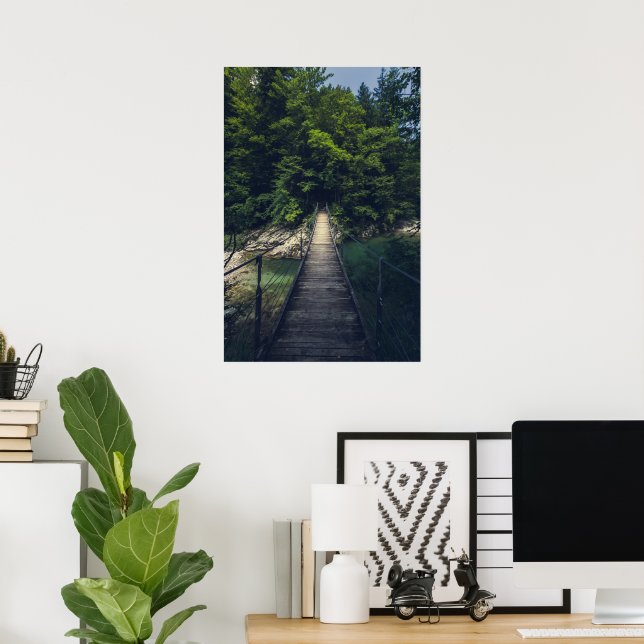 Poster Ponte de suspensão simples sobre o rio Idrijca, Es (Escritório em casa)