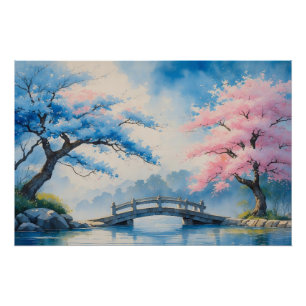 Póster Ponte Serene Japonesa com Cherry Blossoms Painti