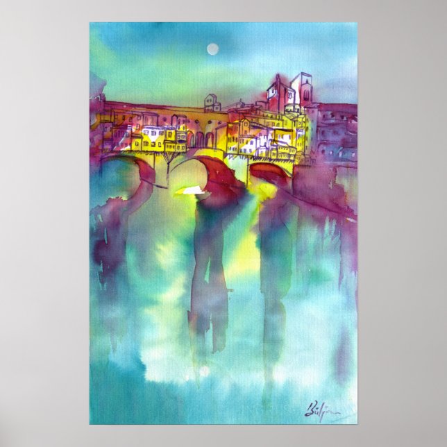 Póster PONTE VECCHIO Florença à Noite Aquarela (Frente)